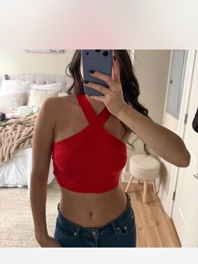 House of Harlow 1960 Red Ribbed Cross-Halter Crop Top